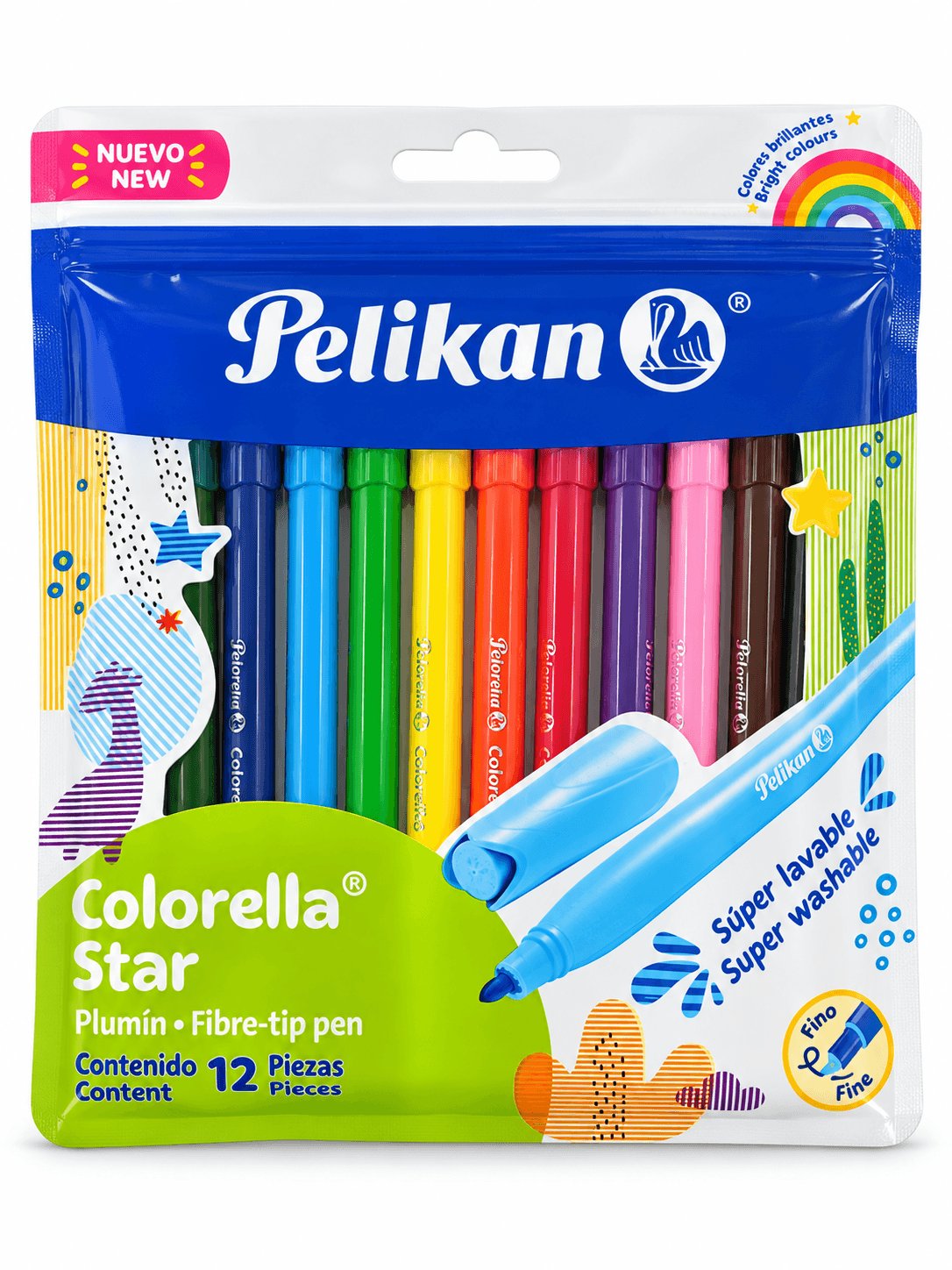 Marcador Punta Fina Colorella Star Pelikan, 12 colores, Redondo