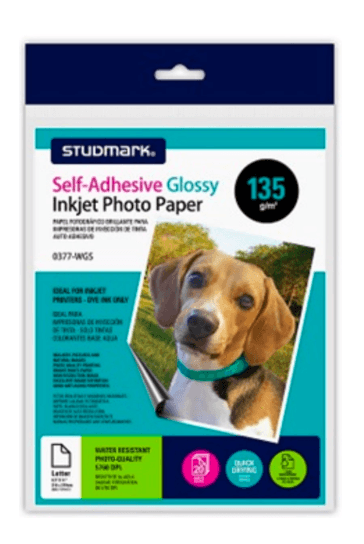 Papel Fotográfico Brillante Adhesivo, 20 hojas, Tamaño Carta, Studmark