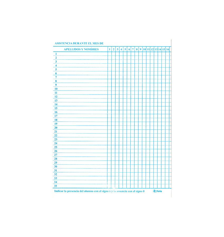 Cuaderno de Asistencia Yots, 35 alumnos