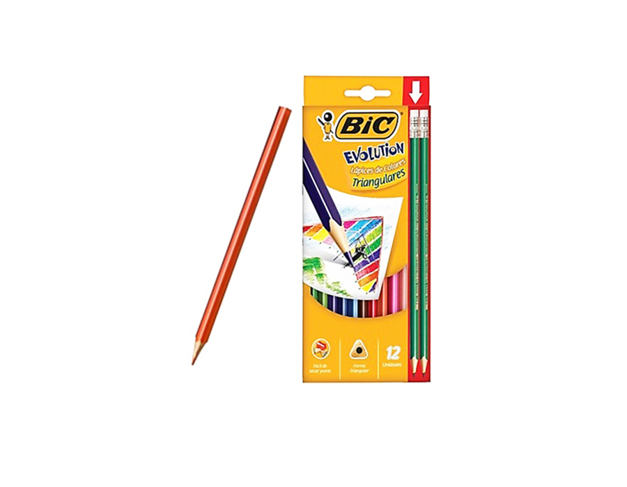 Crayón Bic Evolution, 12 colores, Triangular, Largo