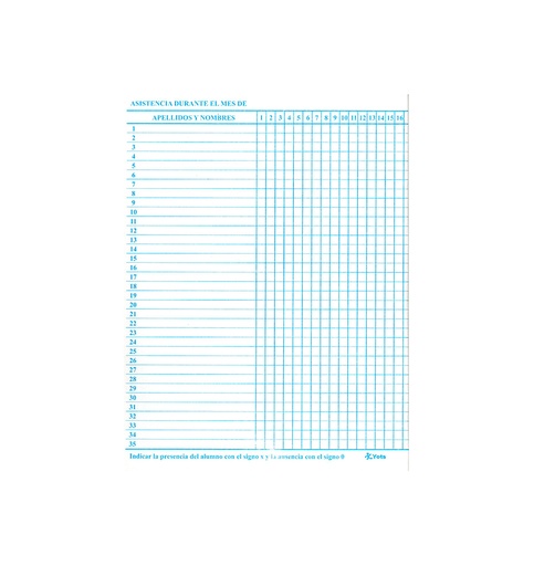 Cuaderno de Asistencia Yots, 35 alumnos